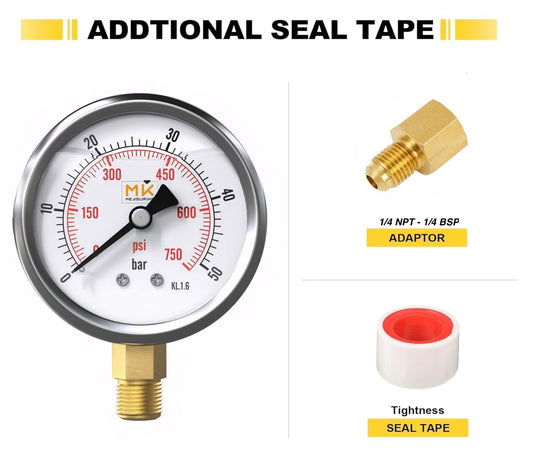 Manomètre glycérine 0-50 bar connexion 1/4 NPT, boîtier en acier inoxydable avec teflon et adaptateur 1/4 NPT vers 1/4 BSP pour testeur de compression, pression air, huile, pneu, eau, gaz et essence