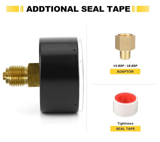 Manomètre de Filtre Piscine 0-3 Bar / 45 PSI, Raccord Laiton 1/4" BSP, Cadran 2", Pour Filtre à Sable – Avec Téflon et Adaptateur 1/8"