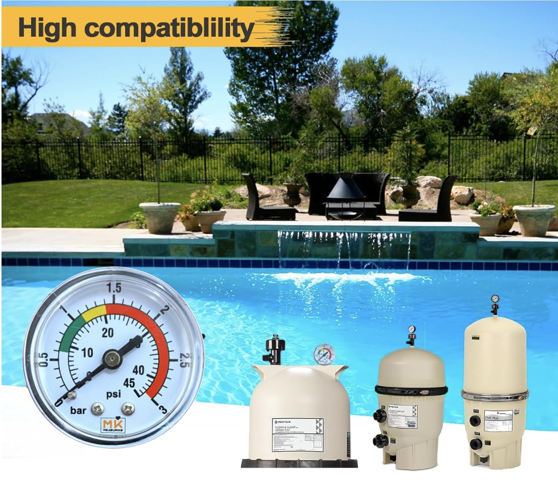Manomètre de Filtre Piscine 0-3 Bar / 45 PSI, Raccord Laiton 1/4" NPT, Cadran 2", Pour Filtre à Sable – Avec Téflon et Adaptateur 1/8"