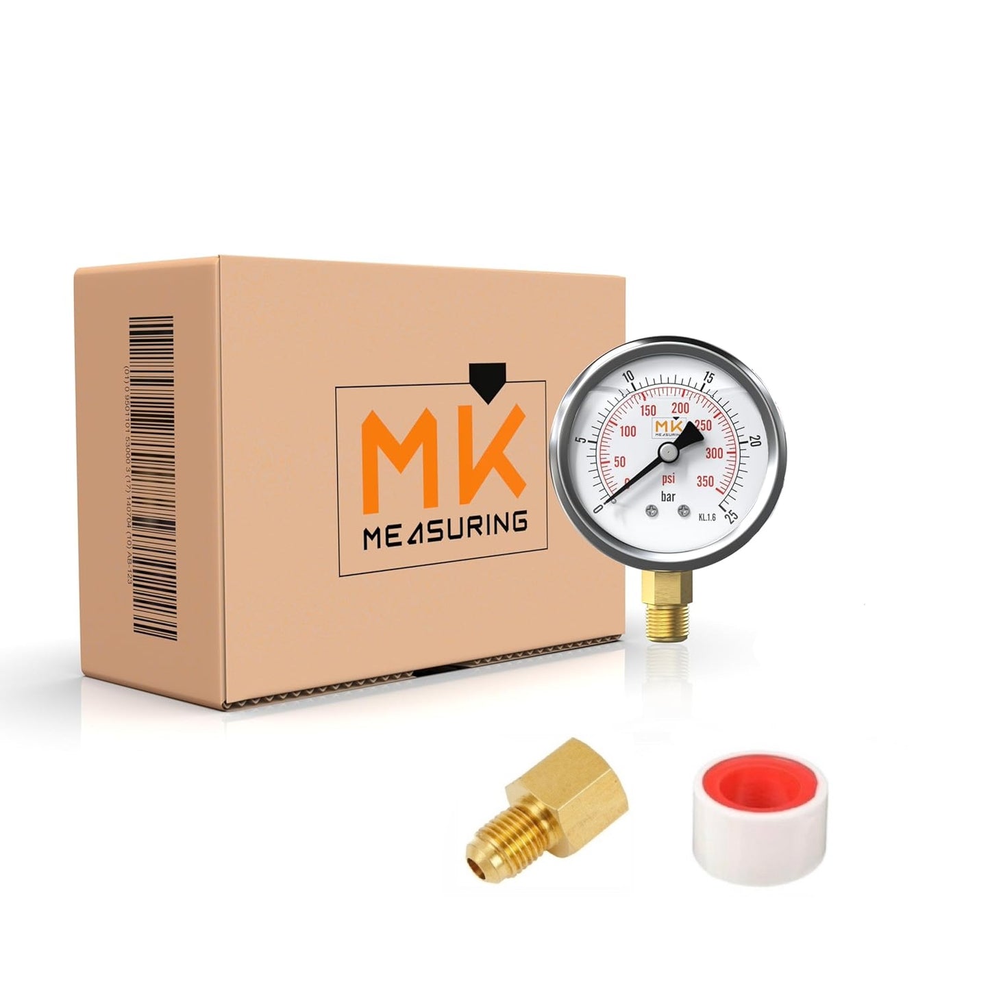 Manomètre glycérine 0-25 bar connexion 1/4 NPT, boîtier en acier inoxydable avec teflon intégré pour réducteur de pression, testeur de compression, pression air, huile, pneu, eau, gaz et essence