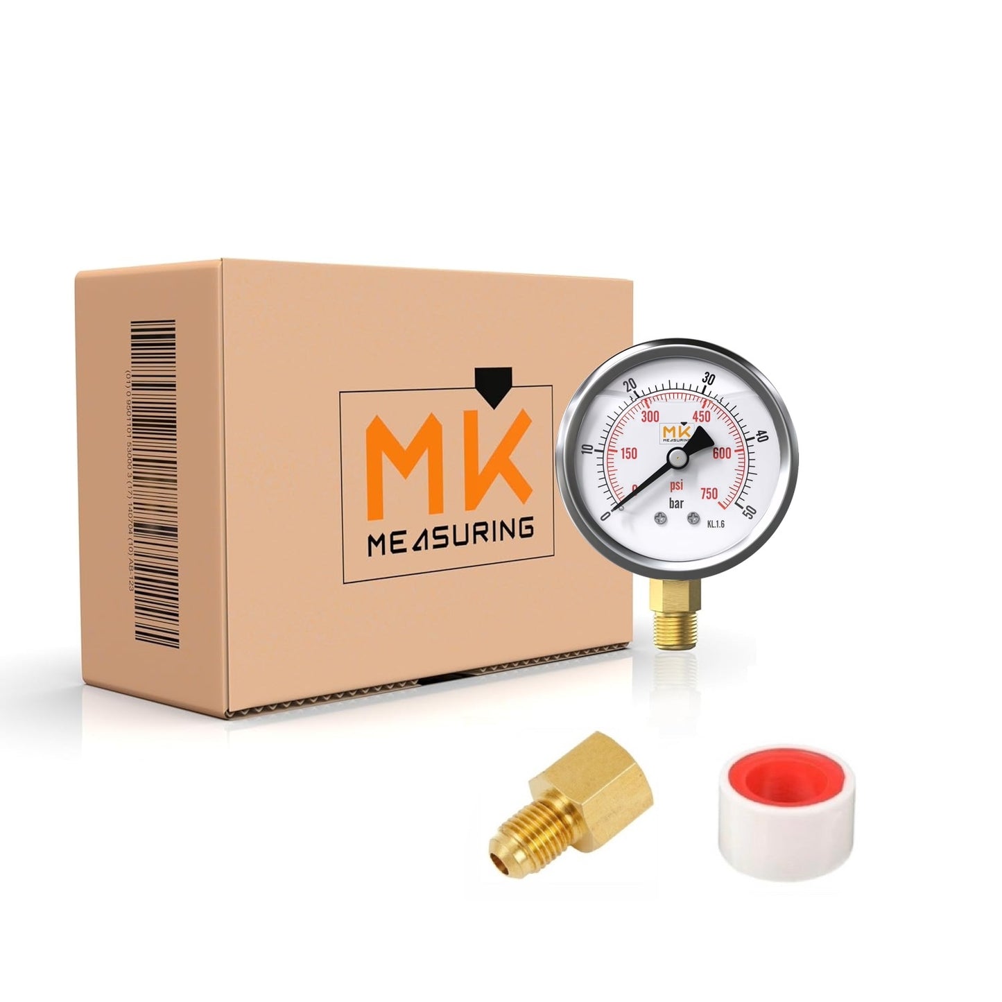 Manomètre glycérine 0-50 bar connexion 1/4 NPT, boîtier en acier inoxydable avec teflon et adaptateur 1/4 NPT vers 1/4 BSP pour testeur de compression, pression air, huile, pneu, eau, gaz et essence