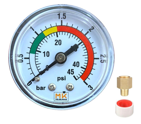 Manomètre de Filtre Piscine 0-3 Bar / 45 PSI, Raccord Laiton 1/4" BSP, Cadran 2", Pour Filtre à Sable – Avec Téflon et Adaptateur 1/8"