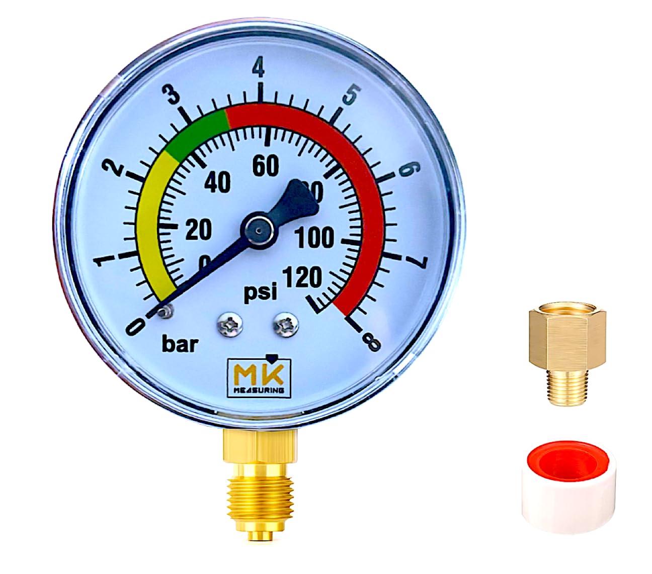 MK MEASURING – Manomètre de Pression d'Eau 0–8 Bar / 120 PSI, Raccord Laiton 1/4" BSP, Connecteur Latéral, Pour Réducteur de Pression et Chauffe-eau – Avec Téflon et Adaptateur 1/8"