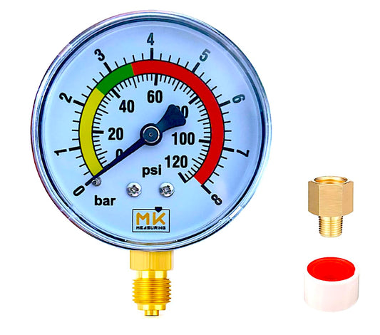 MK MEASURING – Manomètre de Pression d'Eau 0–8 Bar / 120 PSI, Raccord Laiton 1/4" BSP, Connecteur Latéral, Pour Réducteur de Pression et Chauffe-eau – Avec Téflon et Adaptateur 1/8"
