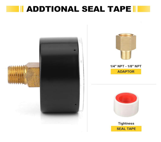 Manomètre de Filtre Piscine 0-3 Bar / 45 PSI, Raccord Laiton 1/4" NPT, Cadran 2", Pour Filtre à Sable – Avec Téflon et Adaptateur 1/8"