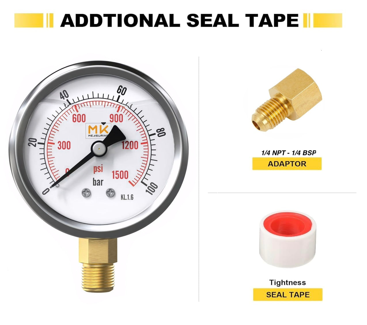 Manomètre glycérine 0-100 bar connexion 1/4 NPT, boîtier en acier inoxydable avec teflon et adapteur 1/4 NPT vers 1/4 BSP pour testeur de compression, pression air, huile, pneu, eau, gaz et essence