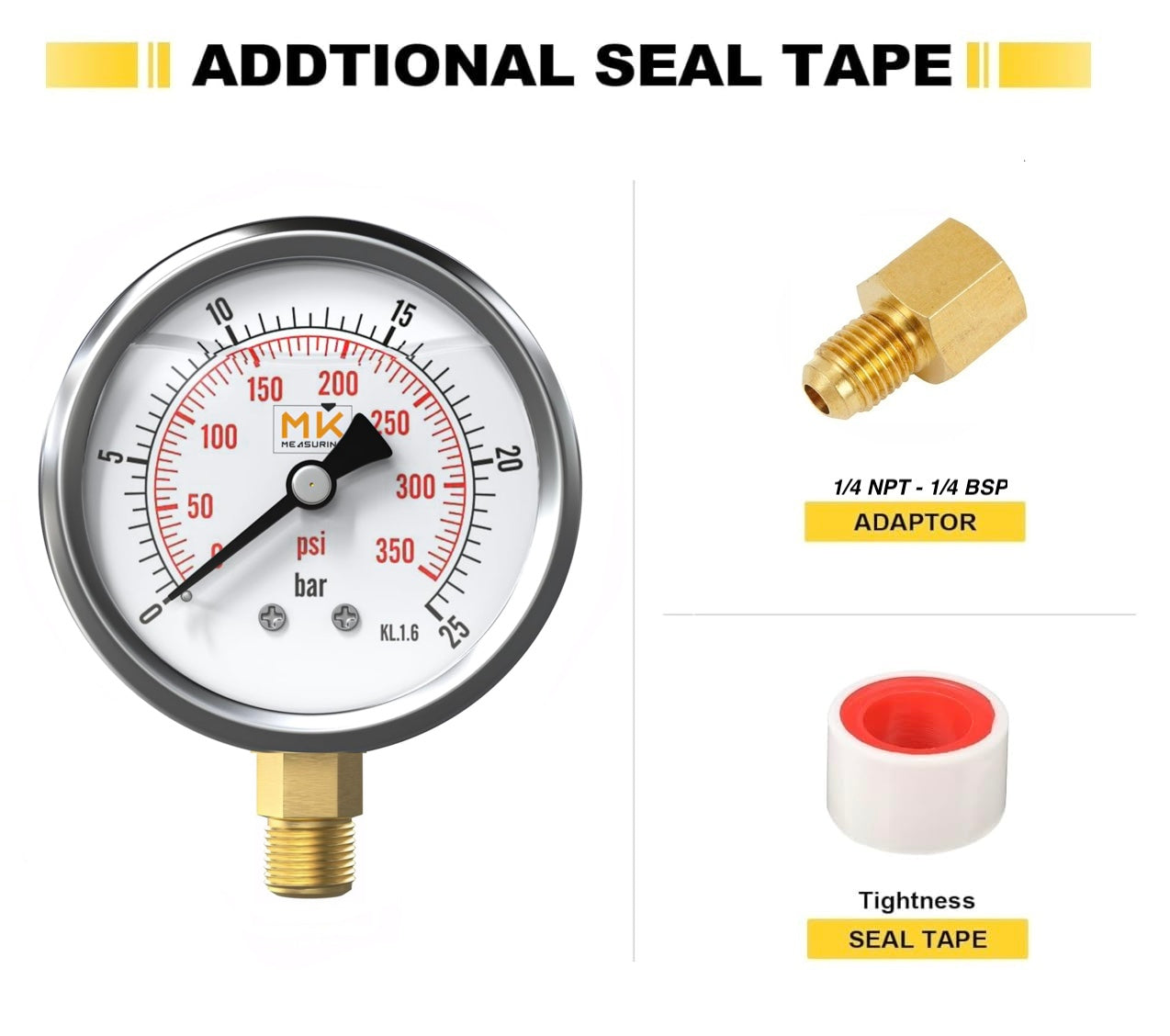 Manomètre glycérine 0-25 bar connexion 1/4 NPT, boîtier en acier inoxydable avec teflon intégré pour réducteur de pression, testeur de compression, pression air, huile, pneu, eau, gaz et essence