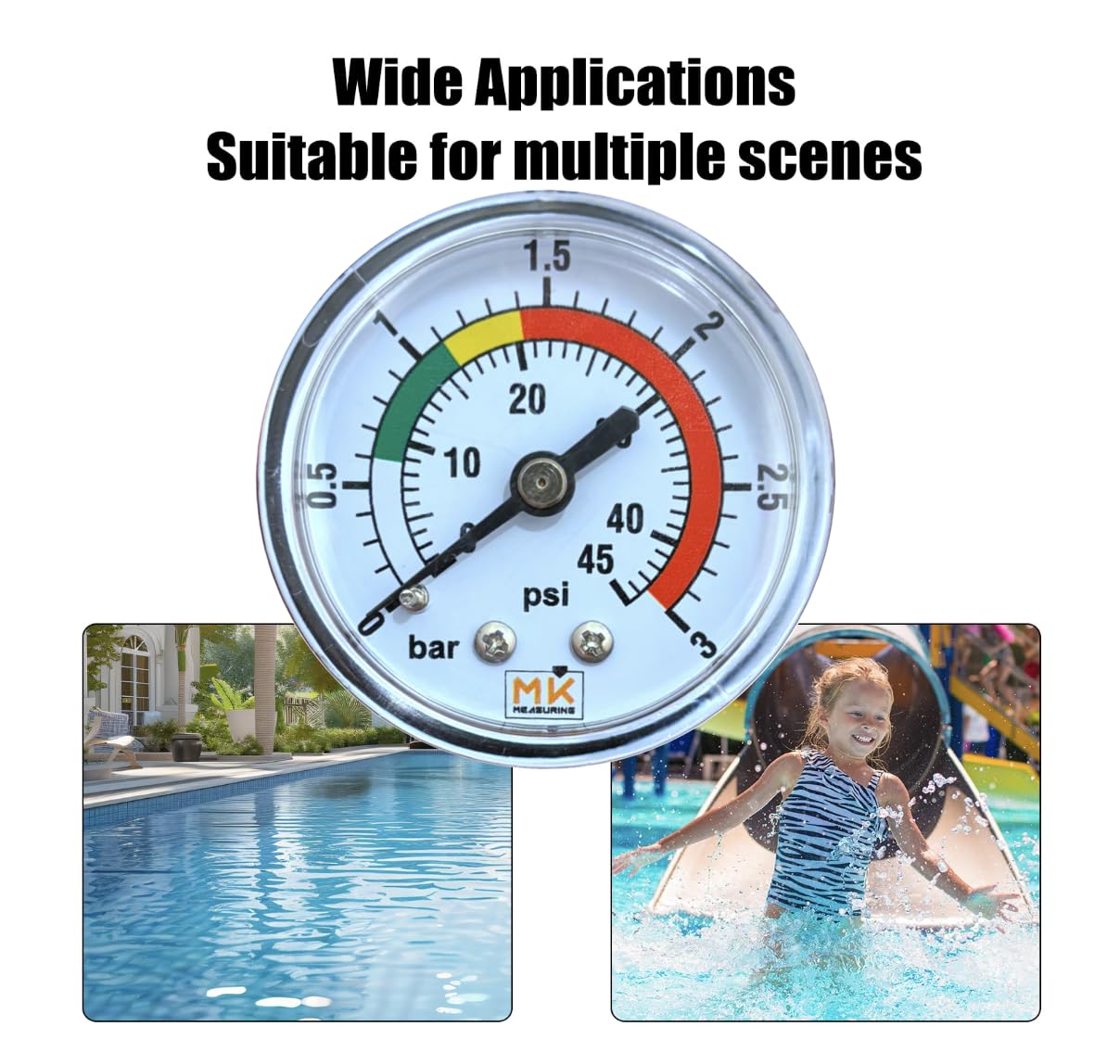 Manomètre de Filtre Piscine 0-3 Bar / 45 PSI, Raccord Laiton 1/4" NPT, Cadran 2", Pour Filtre à Sable – Avec Téflon et Adaptateur 1/8"