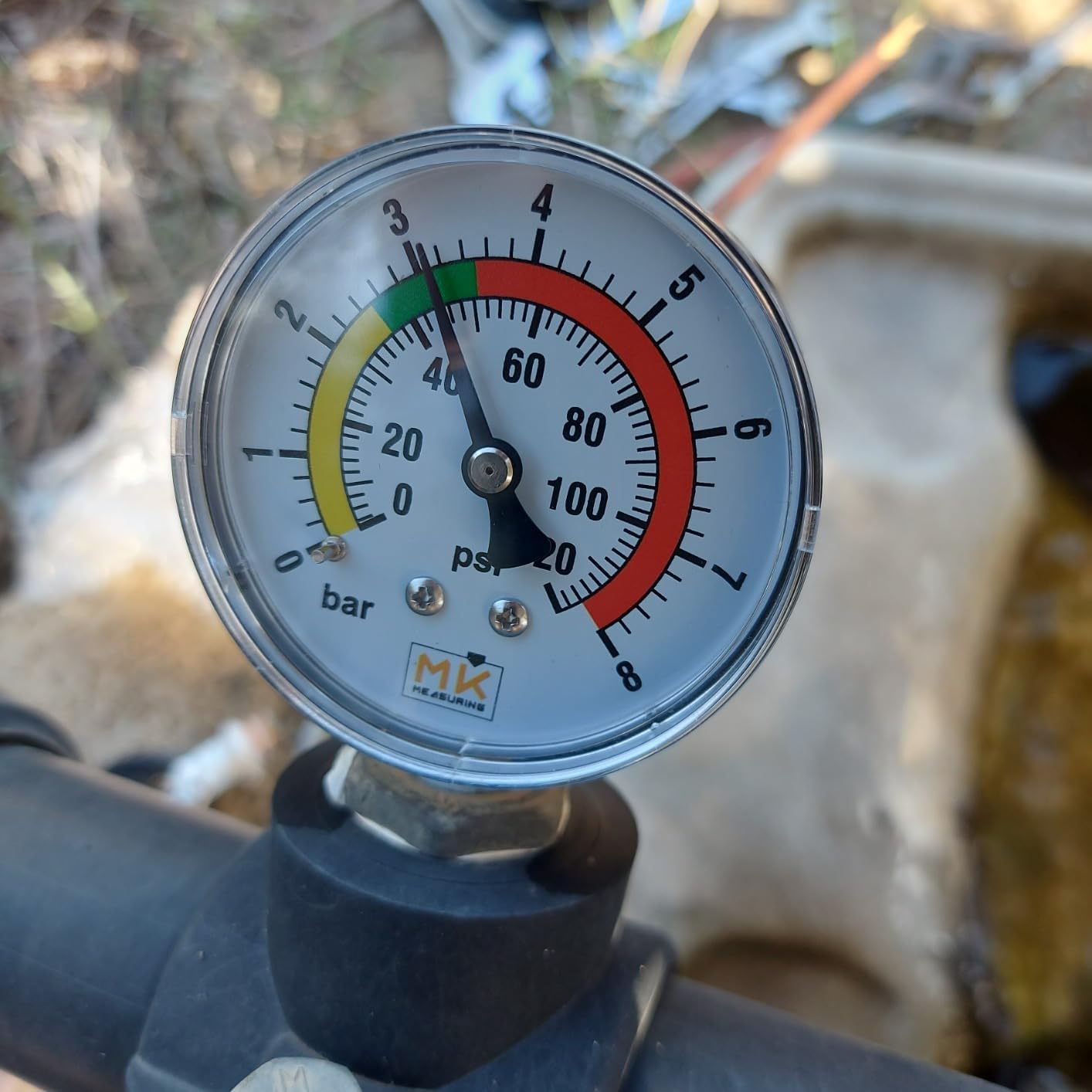 MK MEASURING – Manomètre de Pression d'Eau 0–8 Bar / 120 PSI, Raccord Laiton 1/4" BSP, Connecteur Latéral, Pour Réducteur de Pression et Chauffe-eau – Avec Téflon et Adaptateur 1/8"