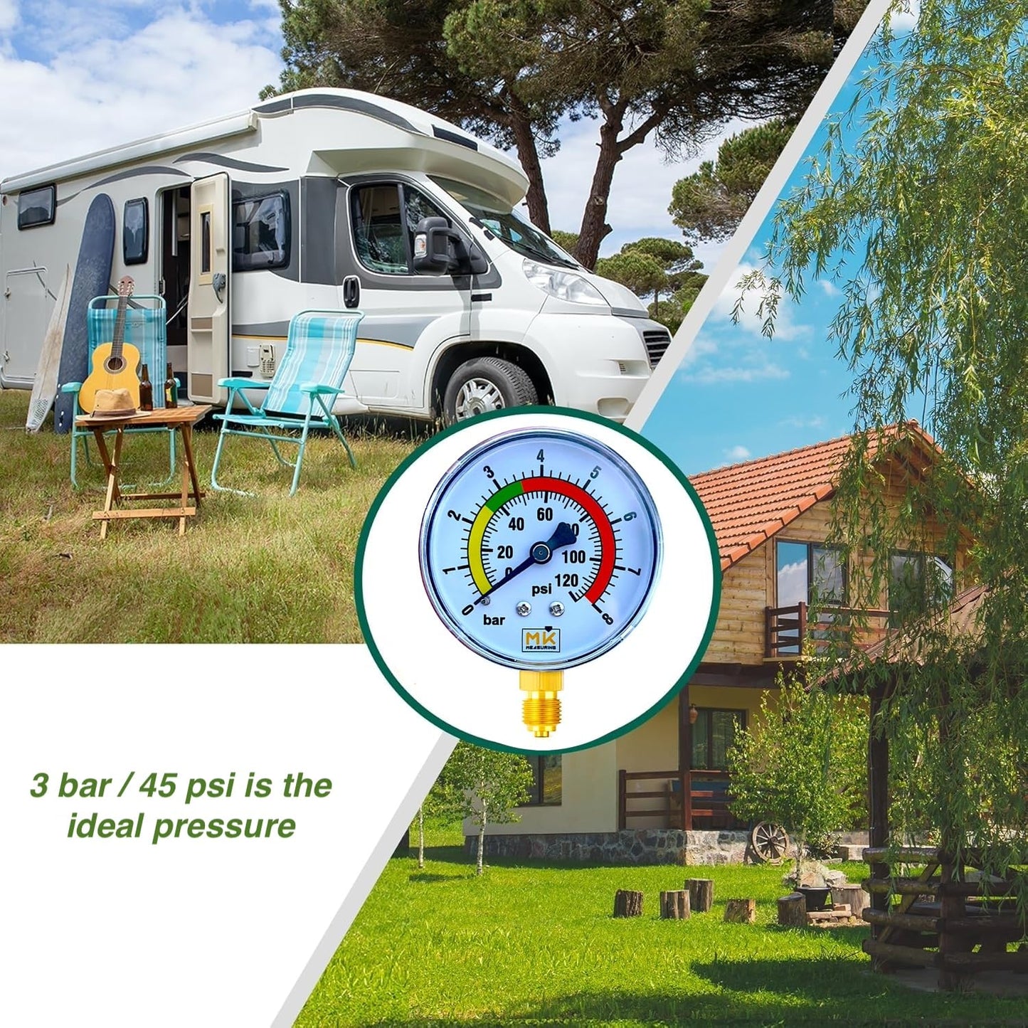 MK MEASURING – Manomètre de Pression d'Eau 0–8 Bar / 120 PSI, Raccord Laiton 1/4" BSP, Connecteur Latéral, Pour Réducteur de Pression et Chauffe-eau – Avec Téflon et Adaptateur 1/8"