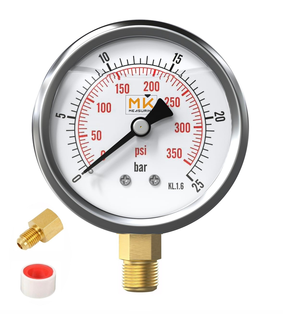 Manomètre glycérine 0-25 bar connexion 1/4 NPT, boîtier en acier inoxydable avec teflon intégré pour réducteur de pression, testeur de compression, pression air, huile, pneu, eau, gaz et essence