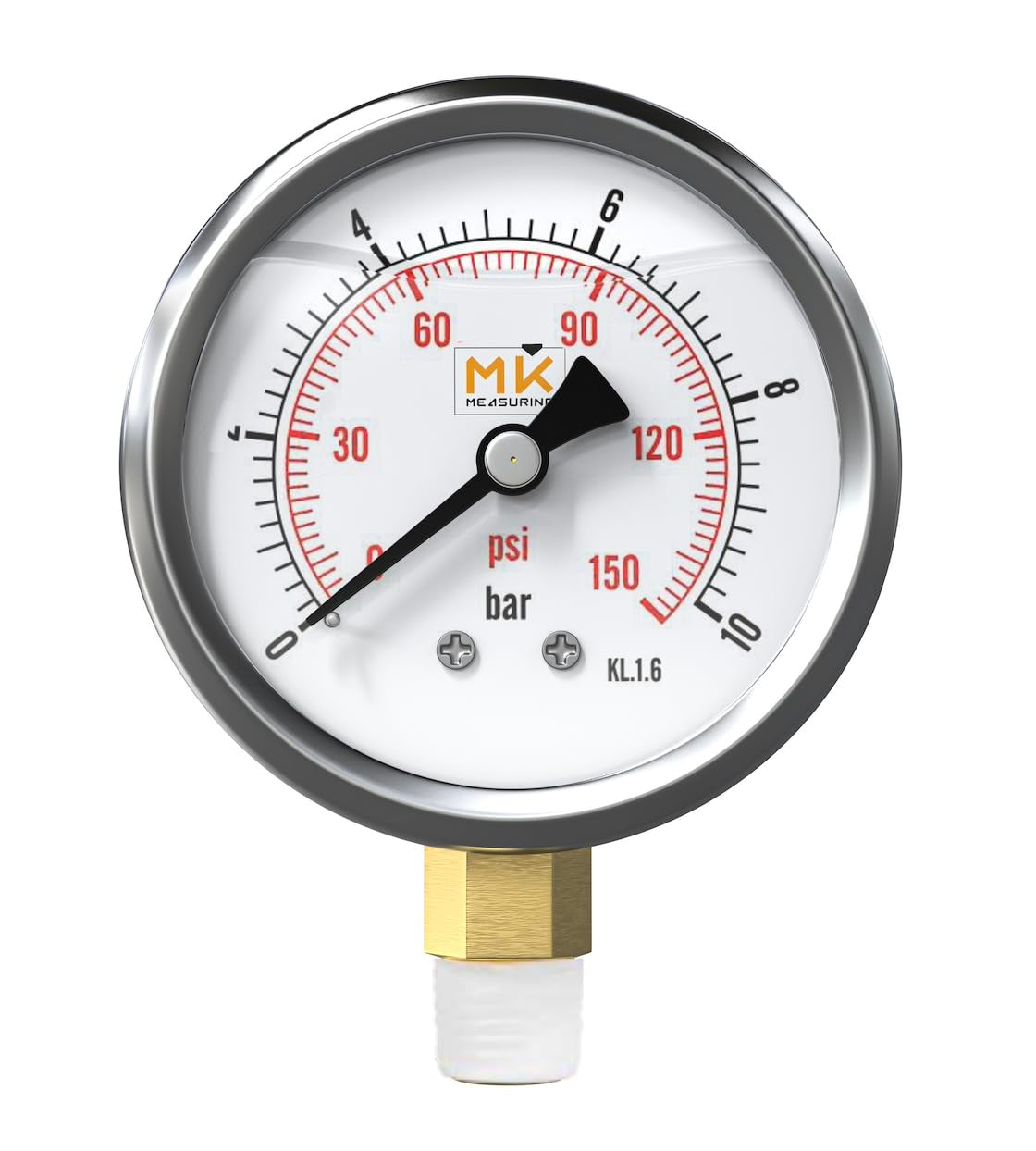 Manomètre glycérine 0-10 bar connexion 1/4 NPT, boîtier en acier inoxydable avec teflon intégré pour réducteur de pression, testeur de compression, pression air, huile, pneu, eau, gaz et essence