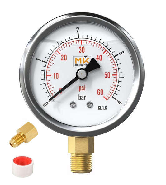Manomètre glycérine 0-4 bar connexion 1/4 NPT, boîtier en acier inoxydable avec teflon et adaptateur 1/4 NPT vers 1/4 BSP pour testeur de compression, pression air, huile, pneu, eau, gaz et essence