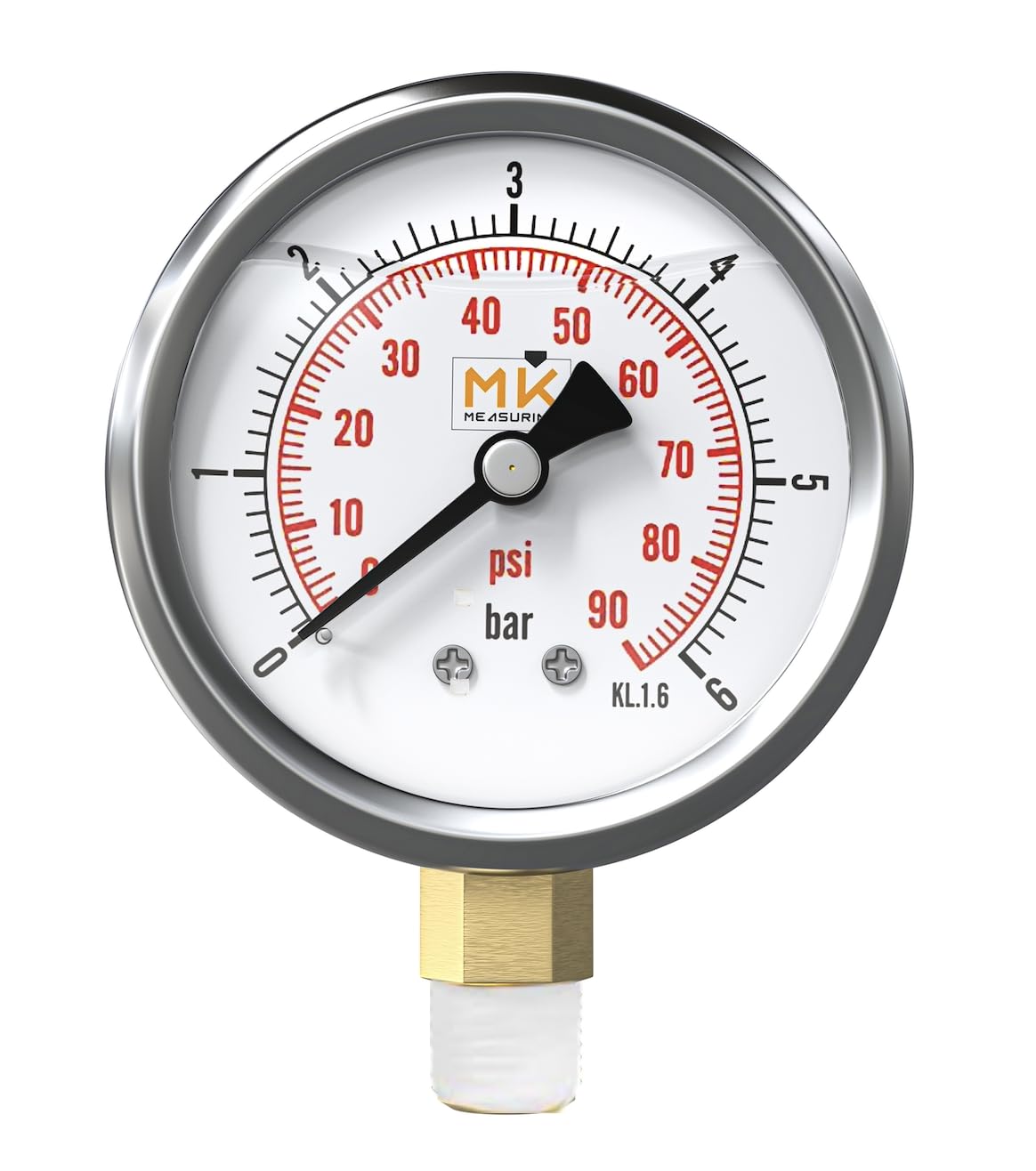 Manomètre glycérine 0-6 bar connexion 1/4 NPT, boîtier en acier inoxydable avec teflon intégré pour réducteur de pression, testeur de compression, pression air, huile, pneu, eau, gaz et essence