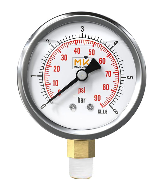 Manomètre glycérine 0-6 bar connexion 1/4 NPT, boîtier en acier inoxydable avec teflon intégré pour réducteur de pression, testeur de compression, pression air, huile, pneu, eau, gaz et essence