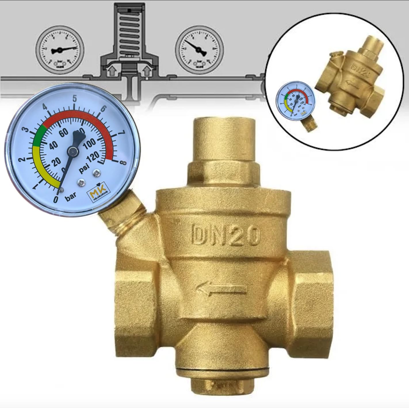 MK MEASURING – Manomètre de Pression d'Eau 0–8 Bar / 120 PSI, Raccord Laiton 1/4" BSP, Connecteur Latéral, Pour Réducteur de Pression et Chauffe-eau – Avec Téflon et Adaptateur 1/8"