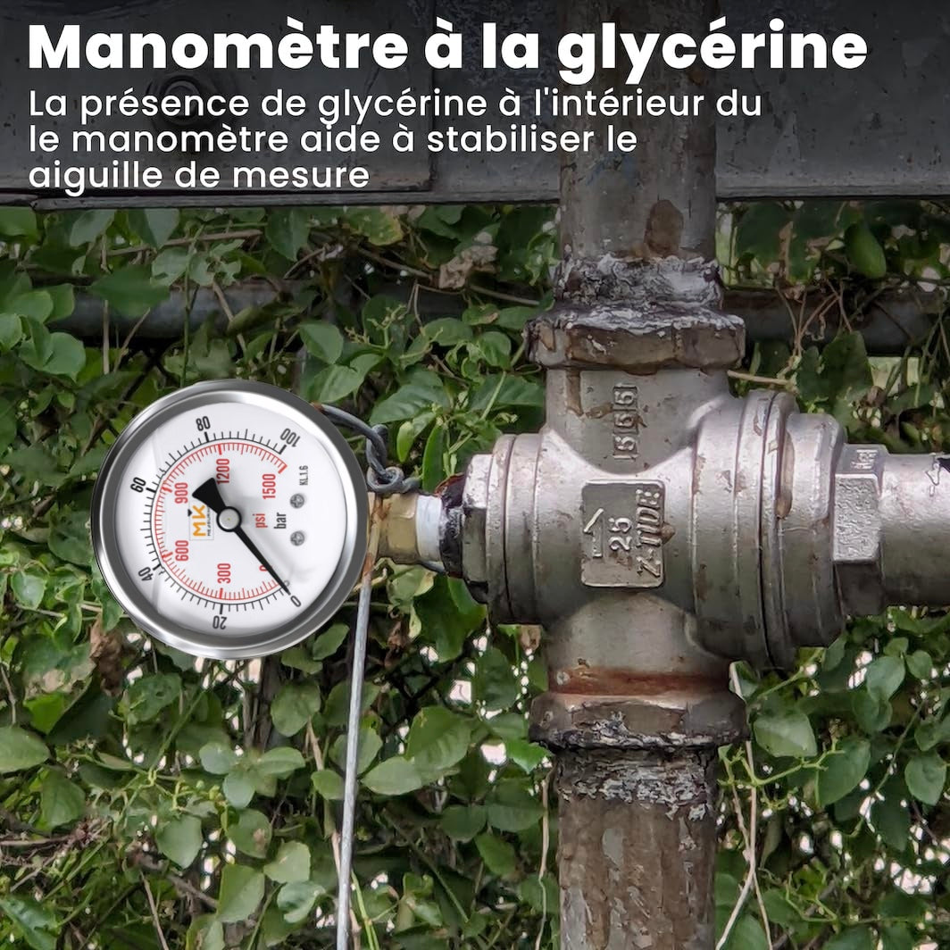 Manomètre glycérine 0-100 bar connexion 1/4 NPT, boîtier en acier inoxydable avec teflon et adapteur 1/4 NPT vers 1/4 BSP pour testeur de compression, pression air, huile, pneu, eau, gaz et essence