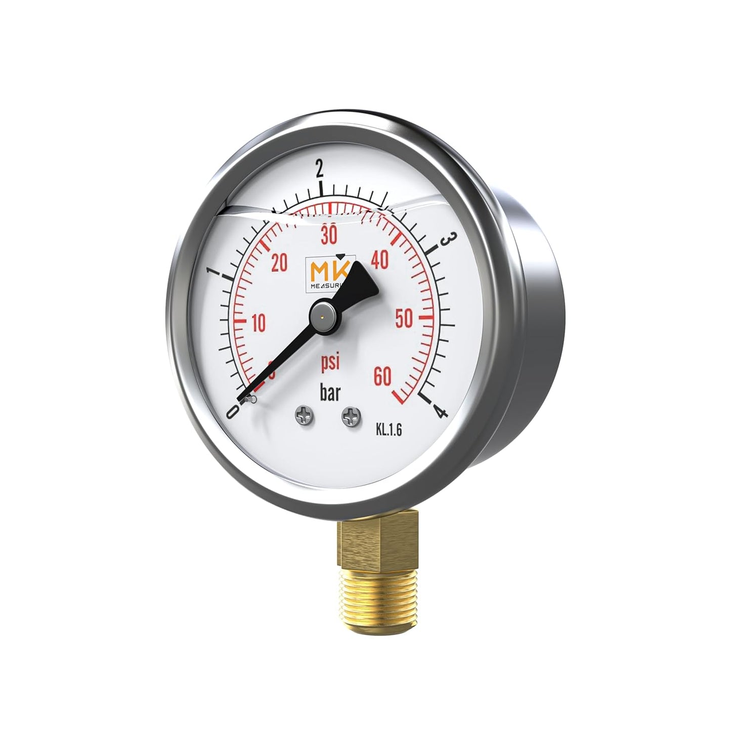 Manomètre glycérine 0-4 bar connexion 1/4 NPT, boîtier en acier inoxydable avec teflon et adaptateur 1/4 NPT vers 1/4 BSP pour testeur de compression, pression air, huile, pneu, eau, gaz et essence