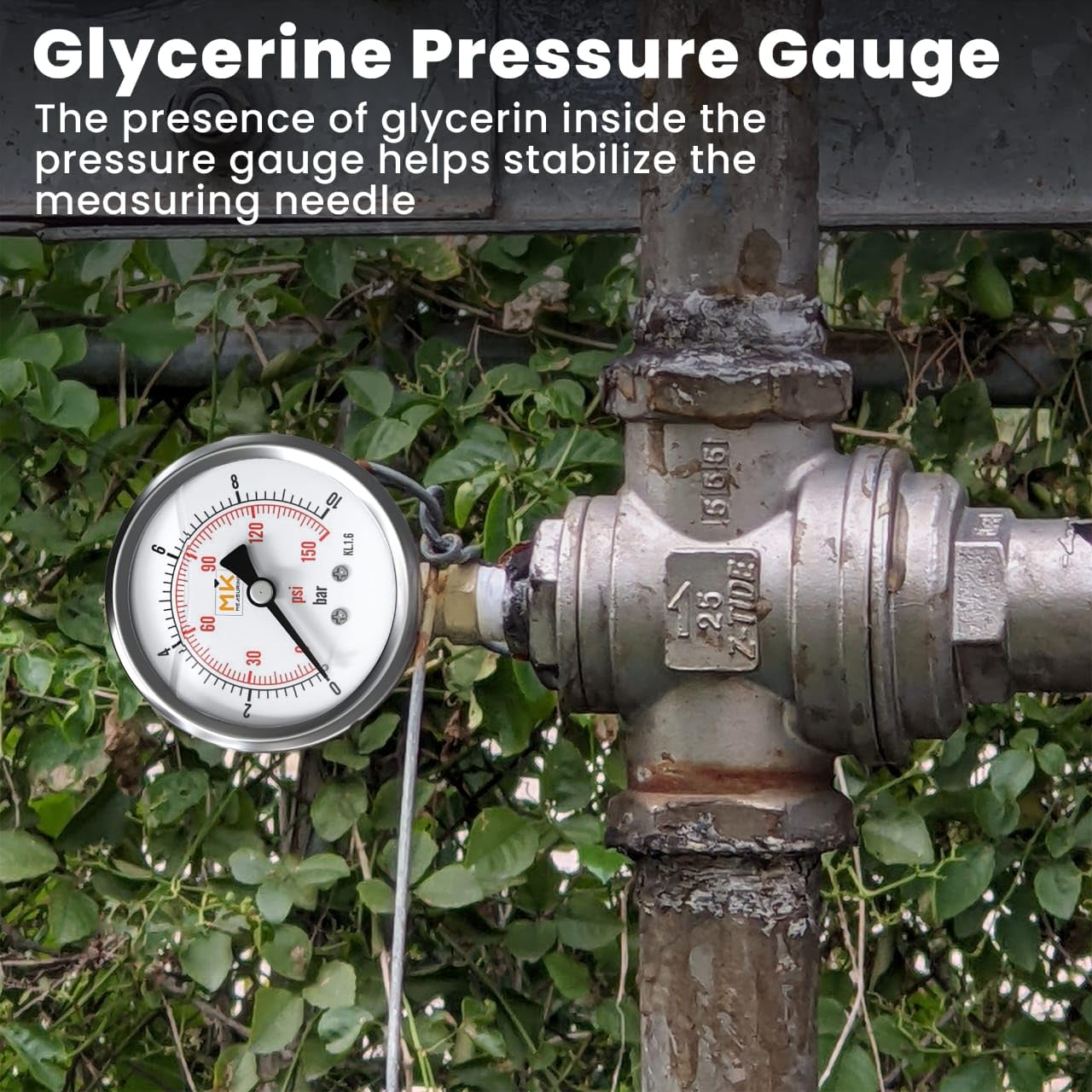 Manomètre glycérine 0-10 bar connexion 1/4 NPT, boîtier en acier inoxydable avec teflon intégré pour réducteur de pression, testeur de compression, pression air, huile, pneu, eau, gaz et essence